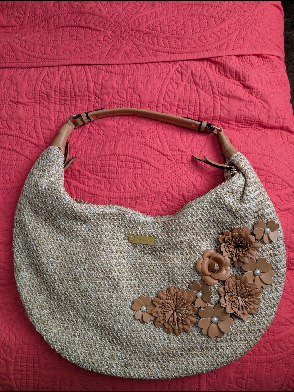 Woven Beige Straw Hobo Bag with Tan Floral Appliqués